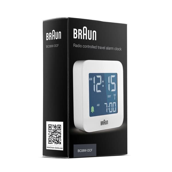 Braun radiokontrollert lydløs hvit digital vekkerklokke BC08W-DCF