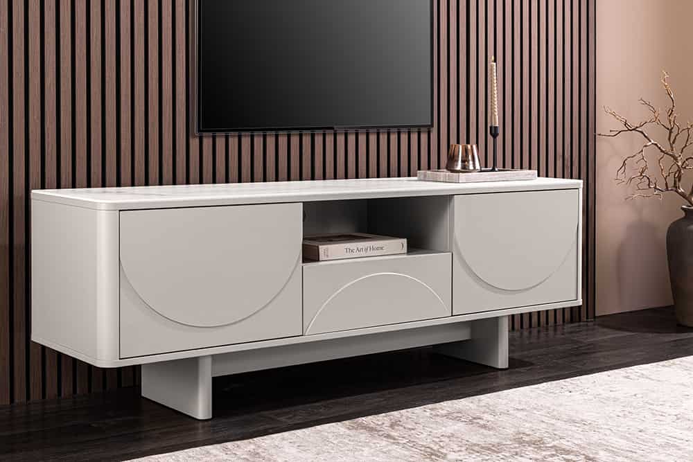 Design TV-Board SAVOY 150cm kaschmir weiß Marmor Keramik mit Stauraum und 3D-Front