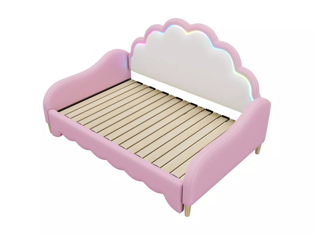 Lit gigogne 140x200cm, canapé lit transformable, tête de lit avec lumière courante, sans matelas, rose
