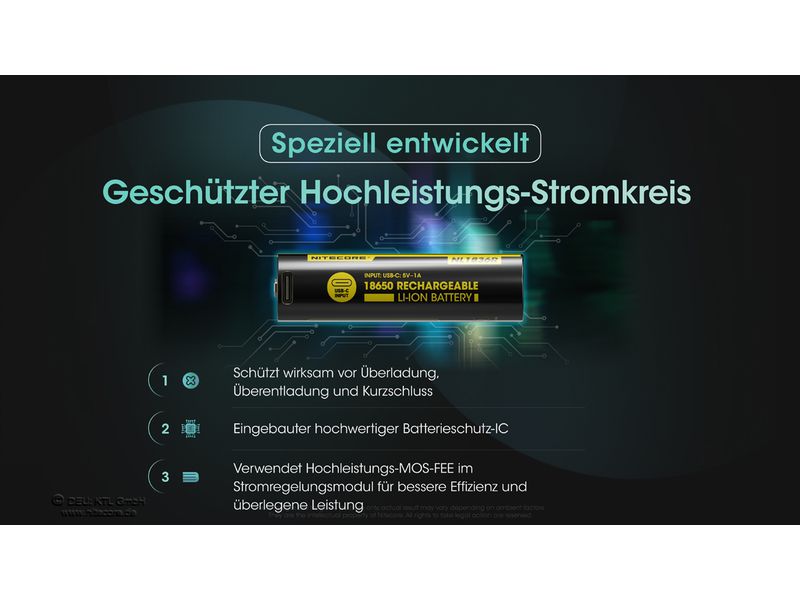 Nitecore Akku NL1836R Li-Ion Typ 18650 mit USB-C 3600 mAh, Geschützter Li-Ion-Akku