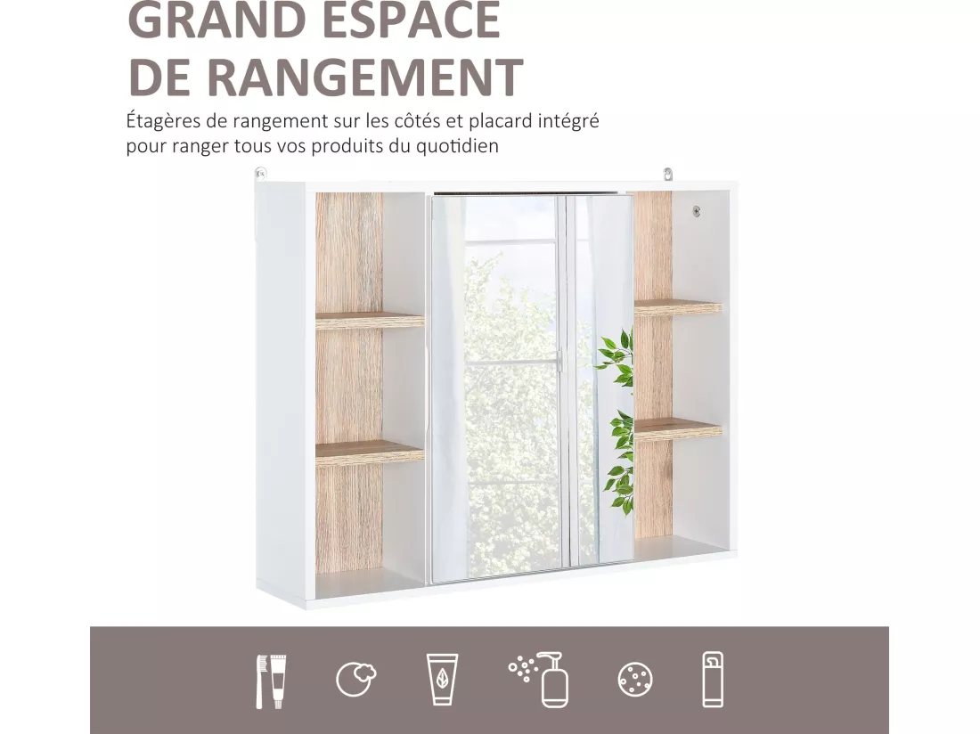 Miroir de salle de bain avec placard et étagères - 4 étagères latérales + 2 étagères intérieures - MDF panneaux particules blanc chêne clair