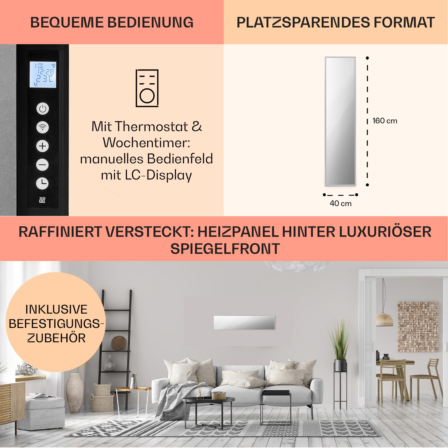 La Palma 900 smart Infrarotstrahler Konvektor 40x160cm 900W Spiegel Standfuß