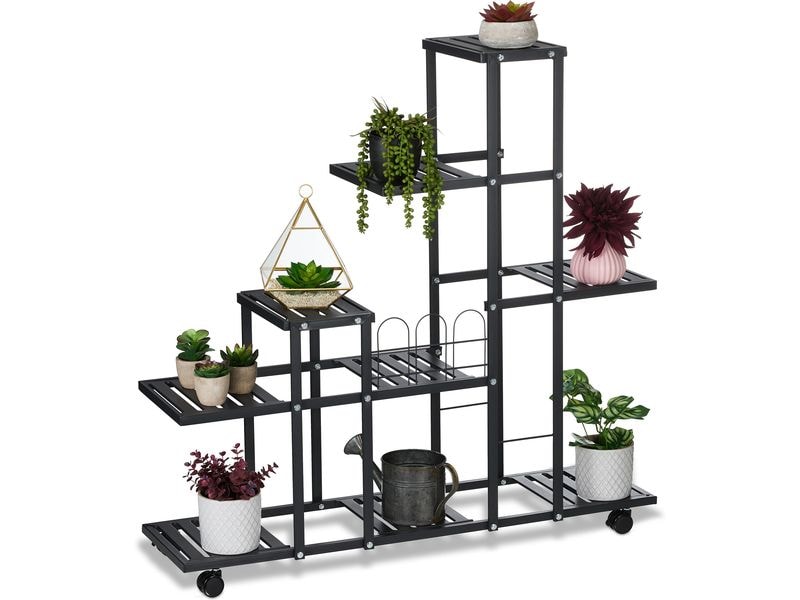 relaxdays Pflanzenständer mit Rollen 91.5 cm, Schwarz Pflanzenregal