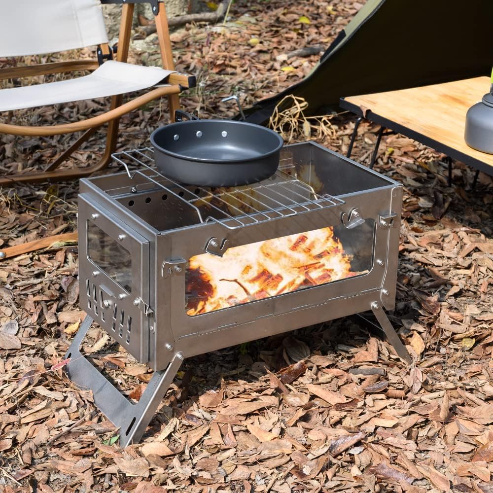 TOMOUNT Zeltofen Titanium Ofen Titan Kompakt 38,5cm Holzofen Tragbar Campingherde mit 3M Schornsteinrohr Holzkocher für Zelte, Unterkünfte und Camping