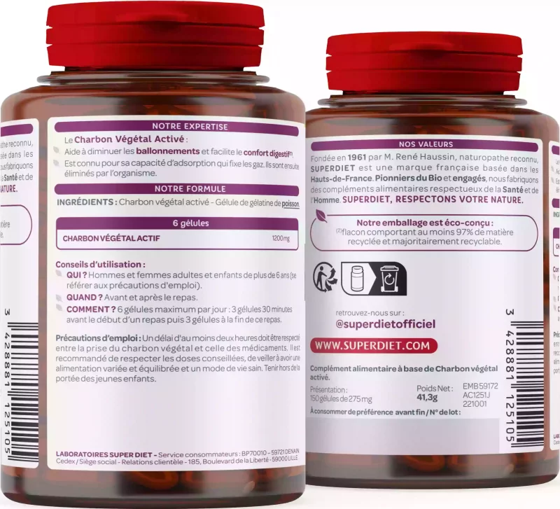 CHARBON VÉGÉTAL ACTIVÉ – Ballonnements et Confort digestif – 150 Gélules