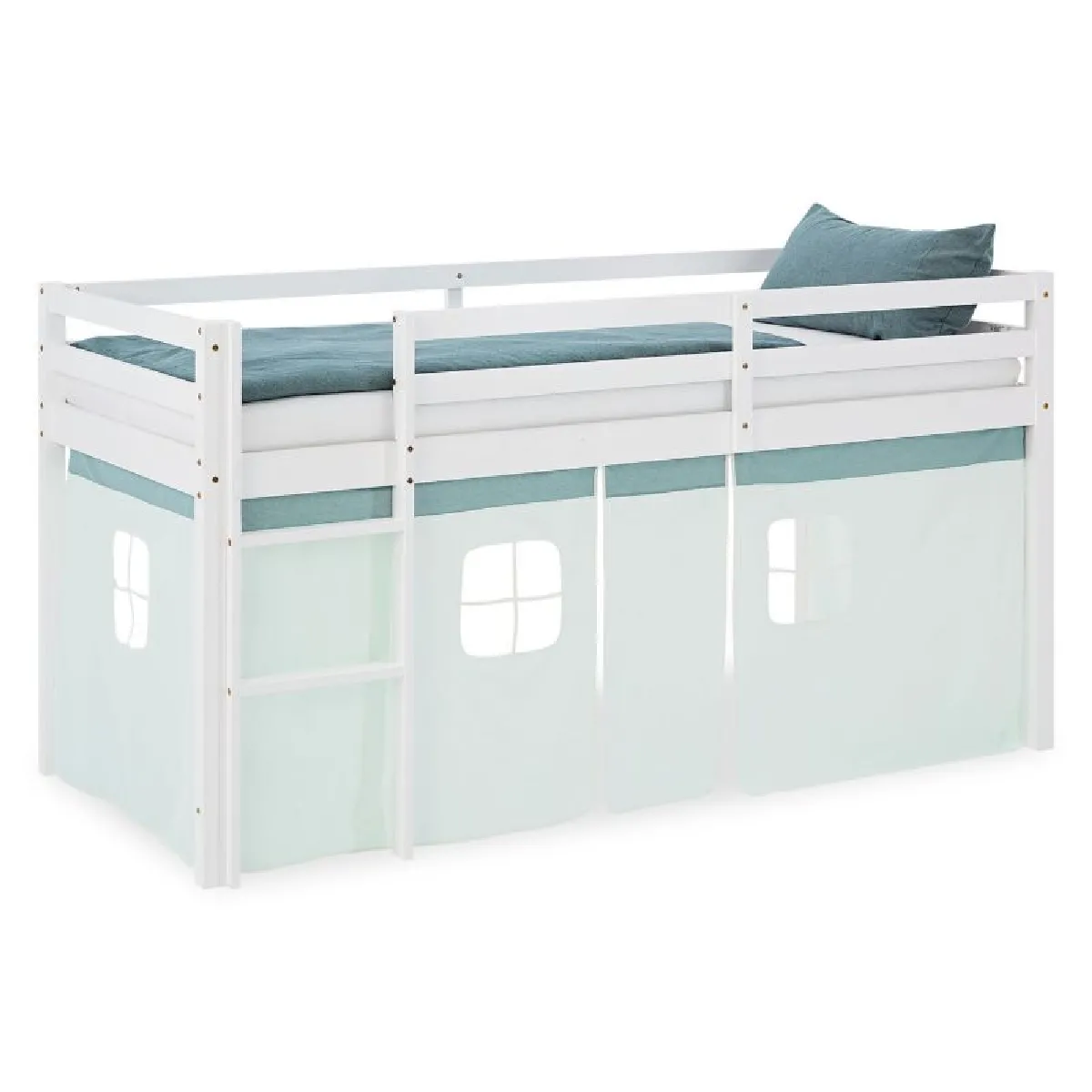 Homestyle4U Lit mi-hauteur 90x200 cm en pin massif avec rideau vert