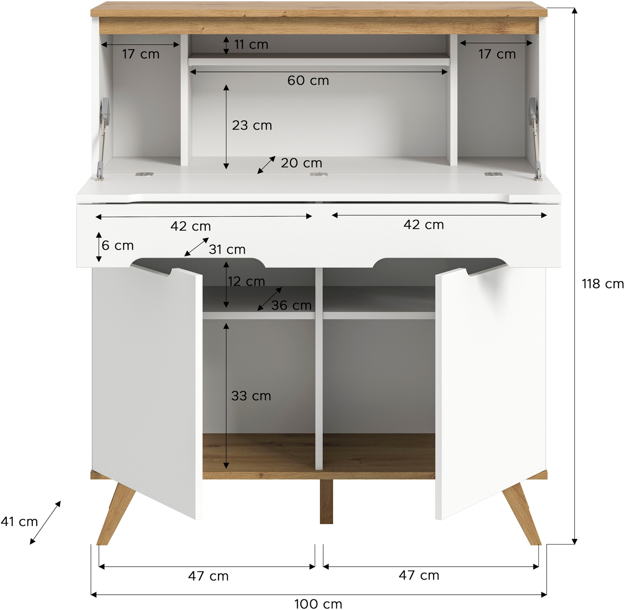 Home affaire Sekretär »Alesund, Höhe 118cm, 2 Türen, 1 Schubkasten,konischer Fuss, Scandi-Look« Anrichte, Schrank, Kommode, Midischrank, Wohnmöbel, Wohnzimmer