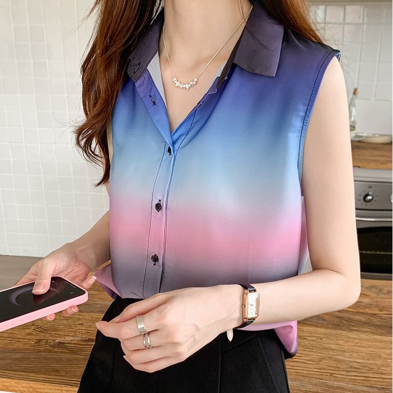 Dragan Pulse - Mouwloze blouse met kraag en knopen in kleurverloop