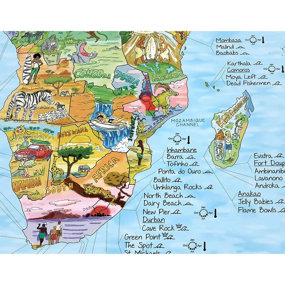 Mapa incrível da Surftrip: Melhores praias de surf do mundo - Edição original colorida.