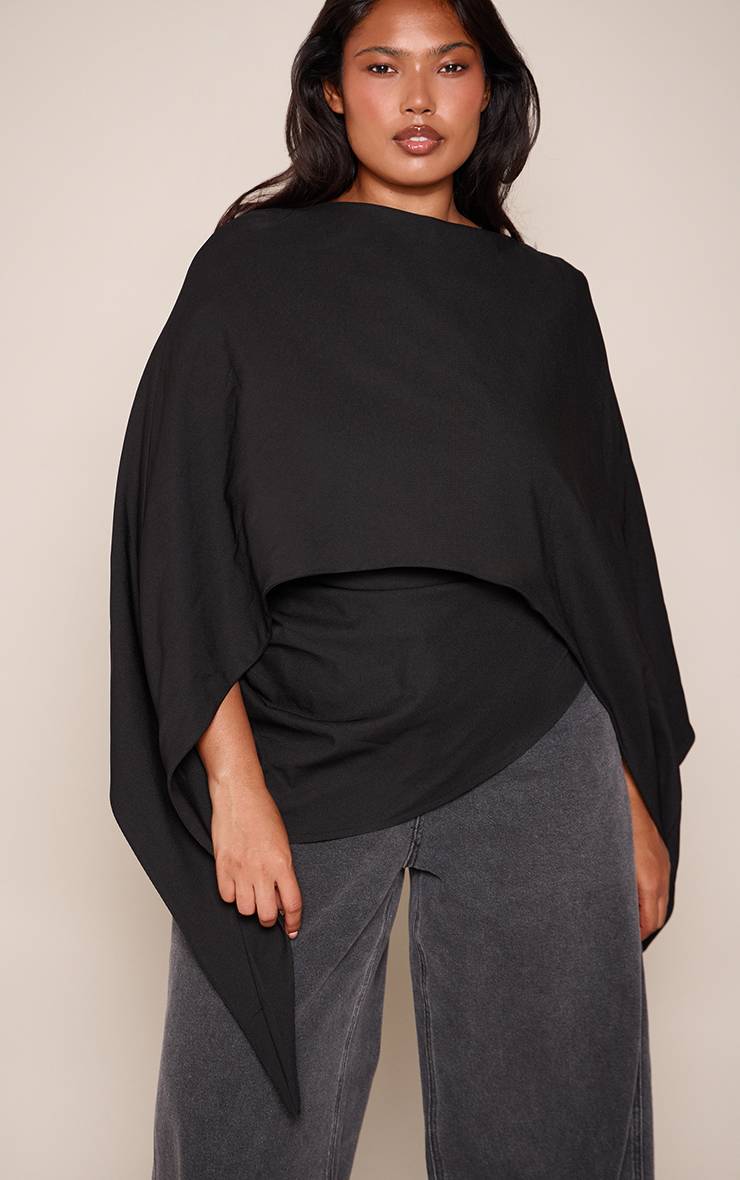 Noir Haut Long Froncé Grande Taille Avec Détail Cape Tissée
