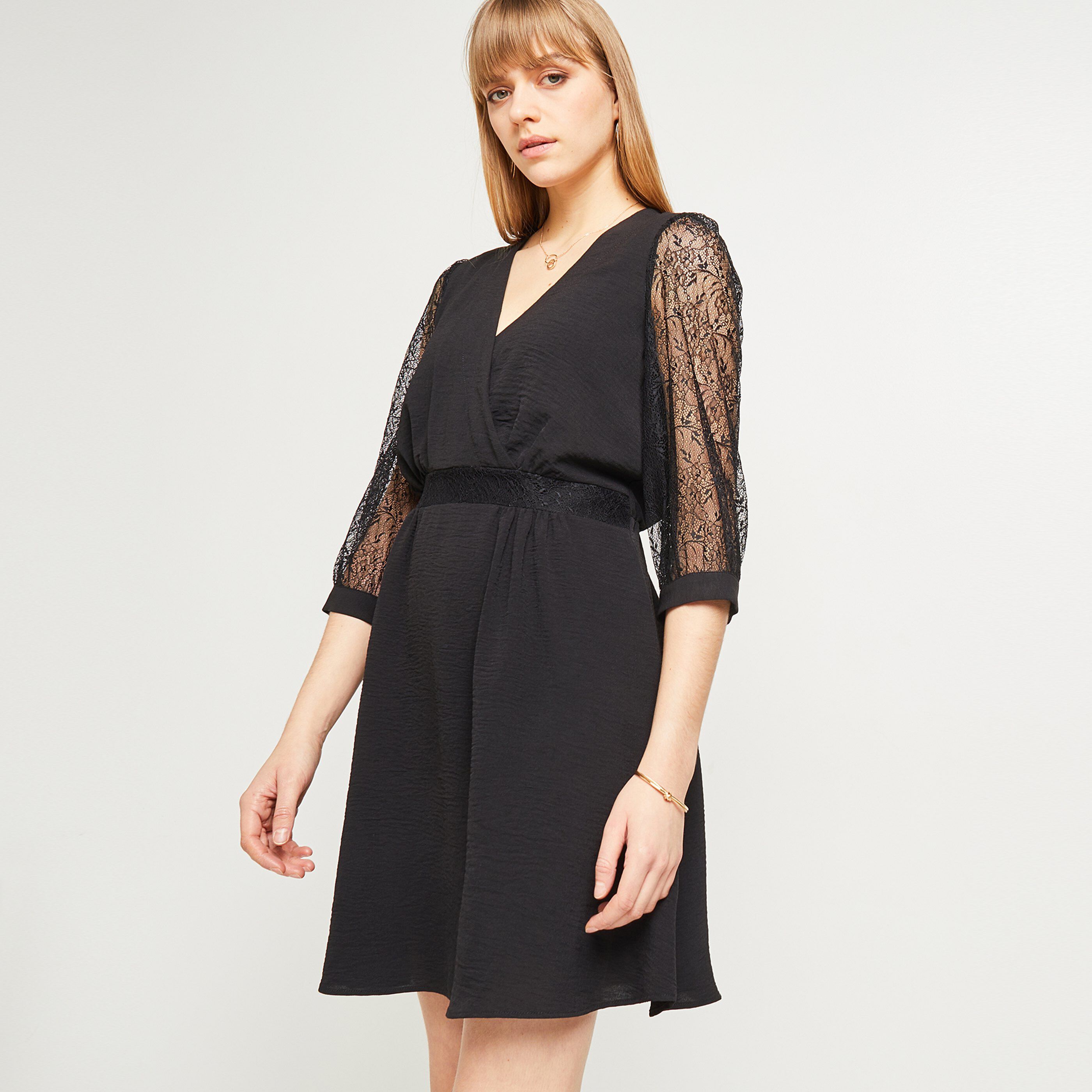 Robe manches dentelles femme - NOIR
