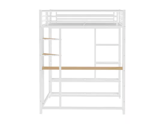 Lit mezzanine avec échelle 90*200 cm, lit d'enfant avec table et compartiment de rangement, blanc
