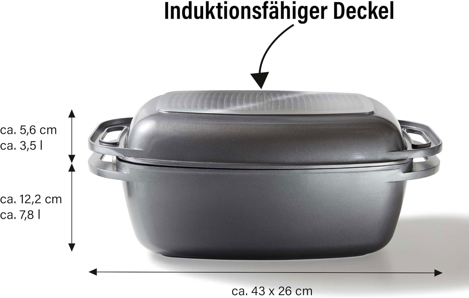 STONELINE Aluguss Bräter mit Deckel 43x26 cm, 8,4 L Bräter Induktion Backofengeeignet Für alle Herdarten, Deckel als Auflaufform verwendbar, Topf Antihaft Beschichtet mit echten Steinpartikeln, Grau