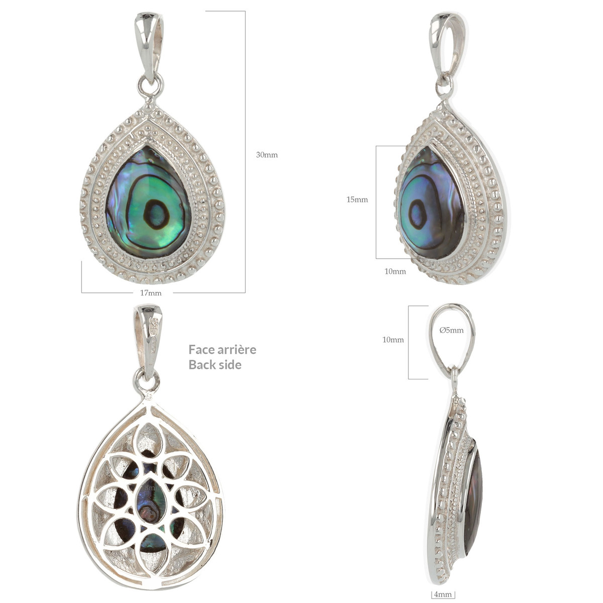 Idée cadeau bijoux cabochon-Pendentif - nacre abalone naturelle- Argent massif-forme poire- Sertissage grains argent massif-femme
