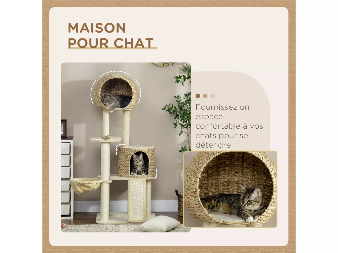 Arbre à chat style cosy chic griffoirs grattoir sisal 2 grandes niches plateforme hamac peluche courte beige jacinthe d'eau