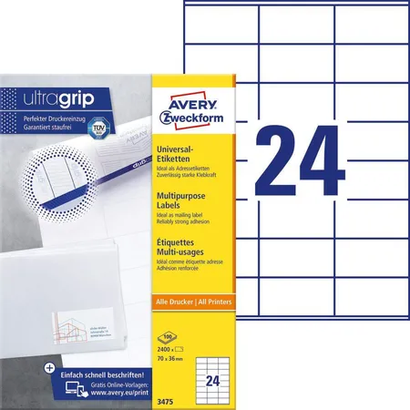 Avery Zweckform 3475 Universal-Etiketten,A4 mit ultragrip,Adressaufkleber 70 x 36 mm, 100 Bogen/2.400 Etiketten, weiß