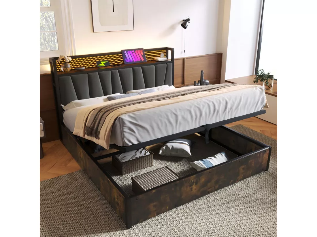 Lit double coffre 160x200cm+ matelas, avec LED et ports de charge USB, App contrôle, Gris