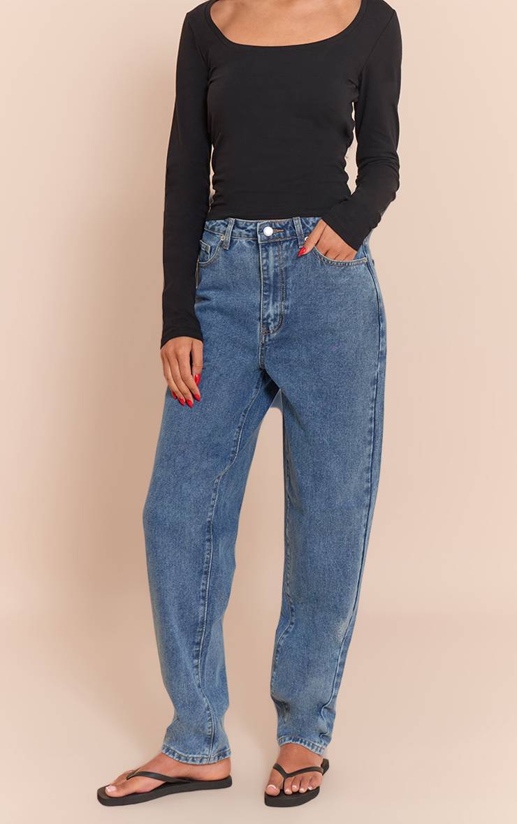 Mid Blue Wash Jean Mom Taille Haute Coupe Longue