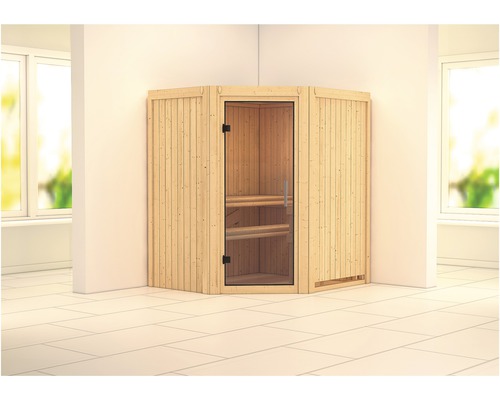 Karibu Monja plug & play sauna zonder kachel, zonder dakrand, met volledig glazen deur van helder glas