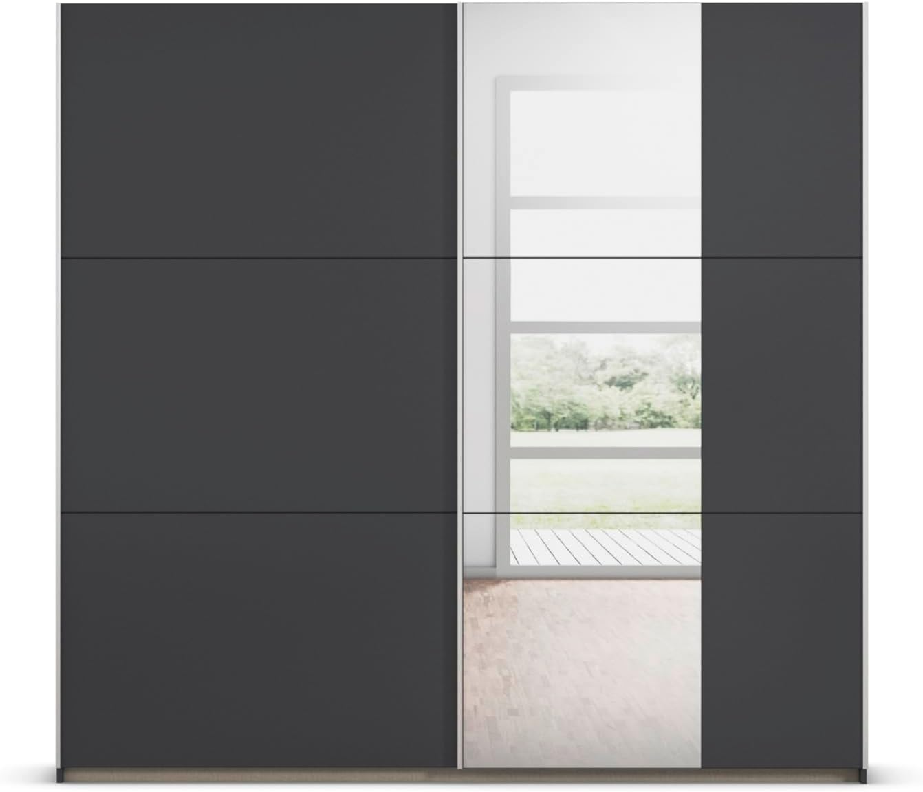 Rauch Möbel Kronach Schrank Schwebetürenschrank, 2-türig, Grau metallic, Schwarz, mit 1 Spiegel, inkl. Zubehörpaket Basic 2 Kleiderstangen 2 Einlegeböden, BxHxT 218x210x59 cm