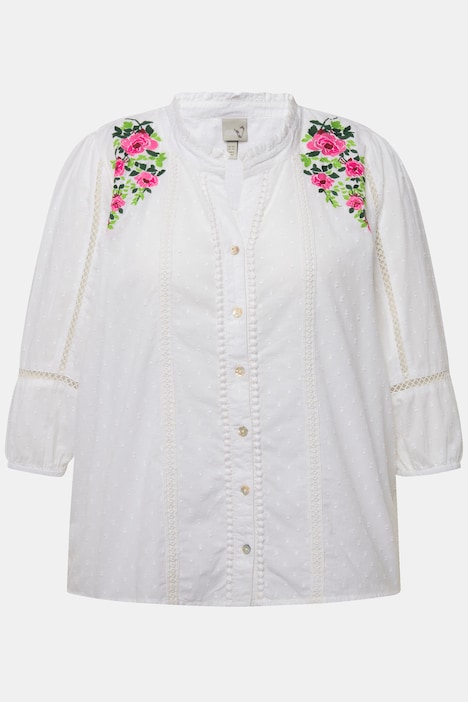 Bluse, Lochspitze, A-Linie, V-Ausschnitt, 3/4-Arm