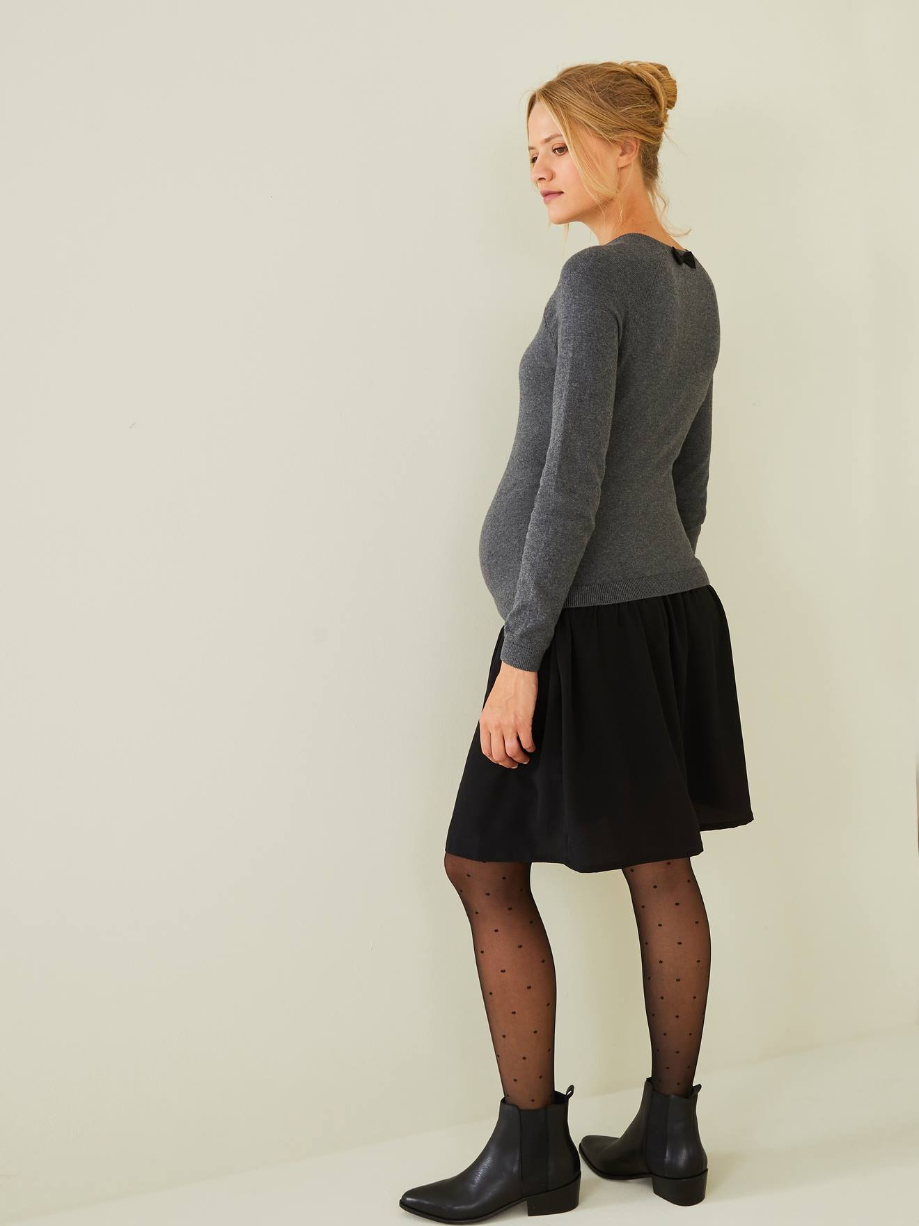 Vestido bicolor para gestantes e lactantes, cinza mescla escuro.