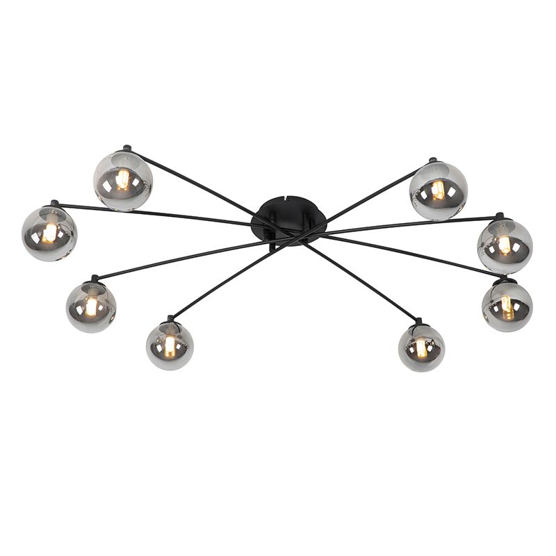 Moderne plafondlamp zwart 8-lichts met smoke glas - Athens