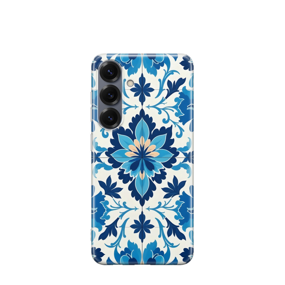 Samsung Galaxy S25 Gummi Hülle Majolika-Blumenpracht - Blau