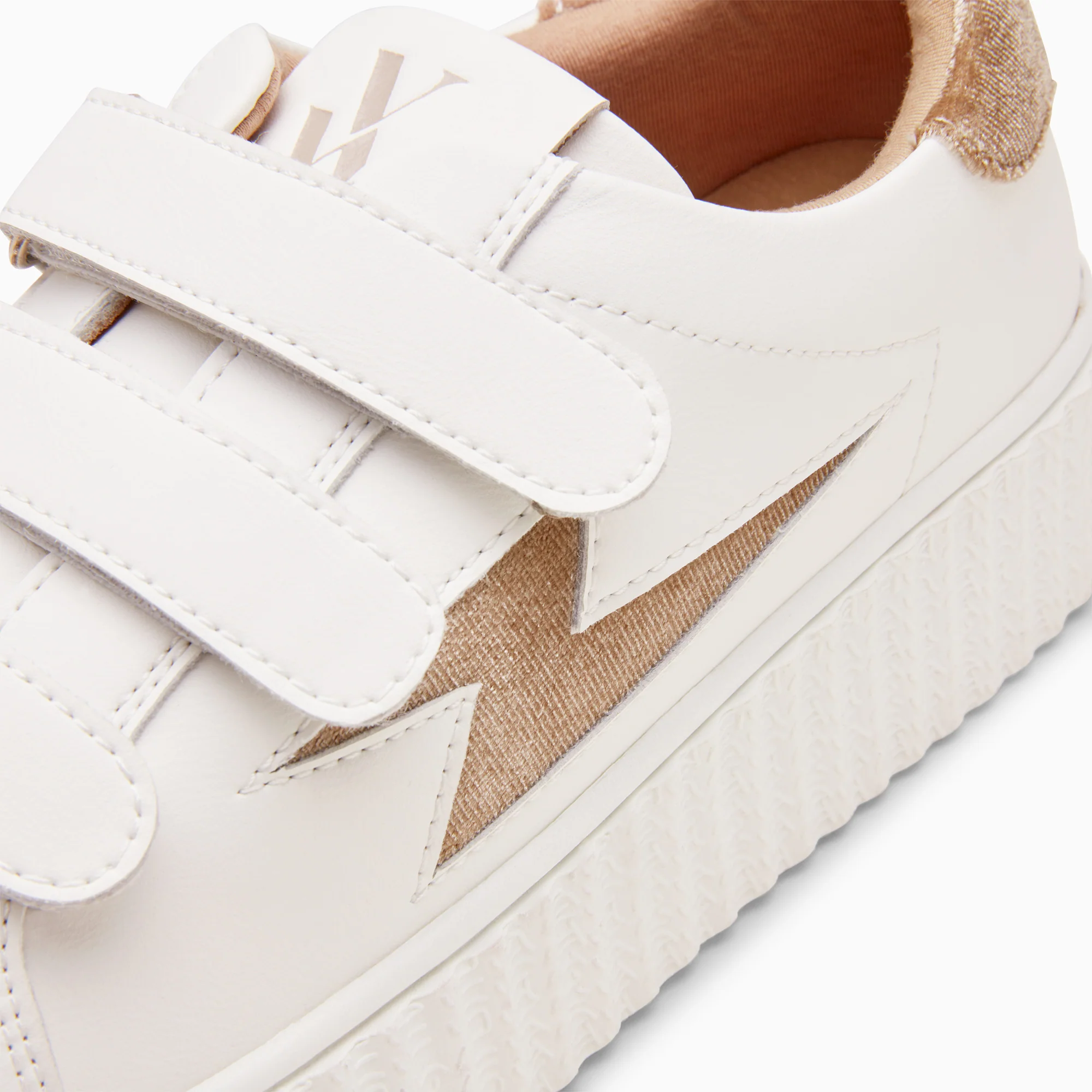 Sneakers-Baskets éclair Kim blanc et bronze effet velours à scratchs