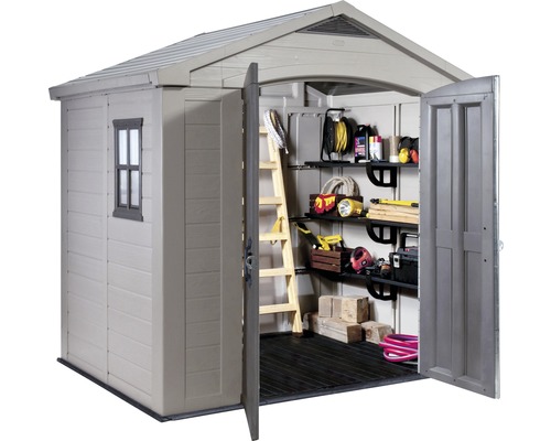 Keter Factor 8x6 kunststof speelhuis met vloer en plank, 256,5 x 182 cm, beige