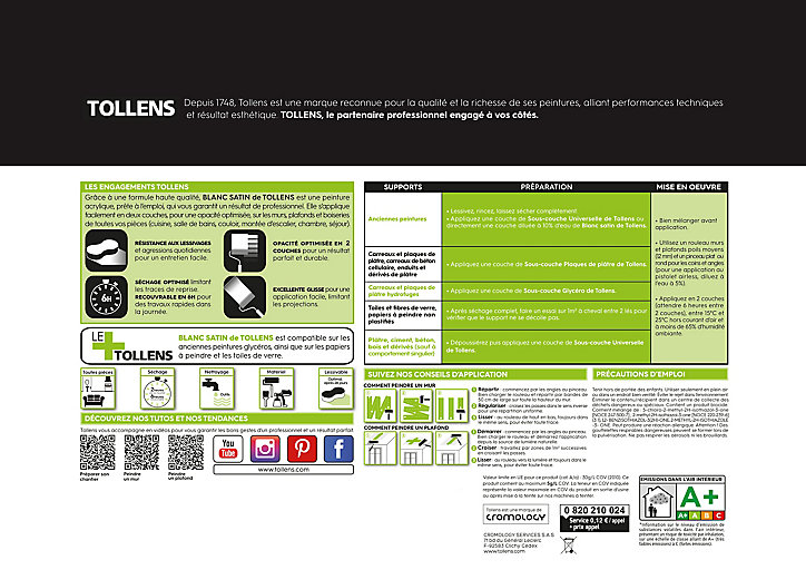 Peinture Tollens murs et plafonds satin blanc 10L