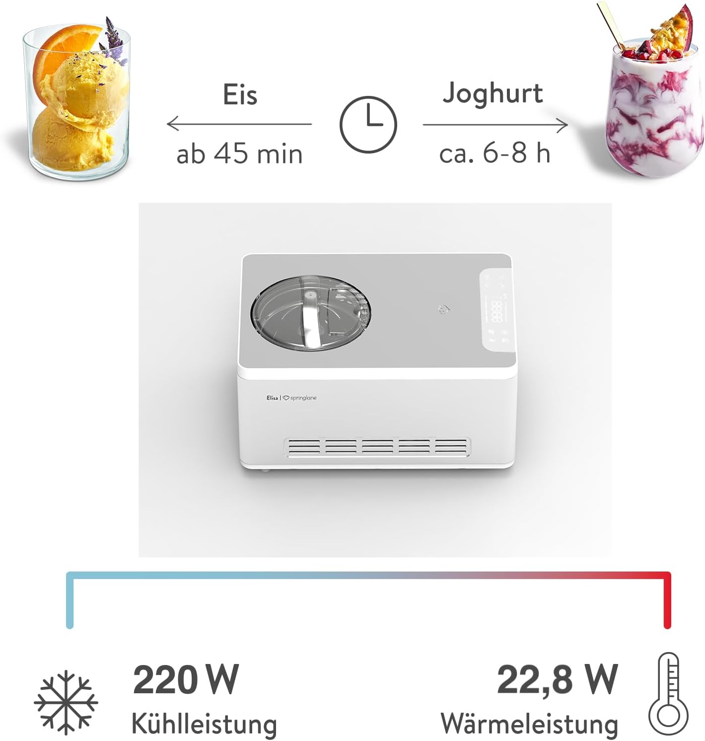 SPRINGLANE Eismaschine & Joghurtbereiter Elisa 2,0 L mit selbstkühlendem Kompressor 220 W, aus Edelstahl mit Kühl- und Heizfunktion, inkl. Rezeptheft (Elisa Silber)