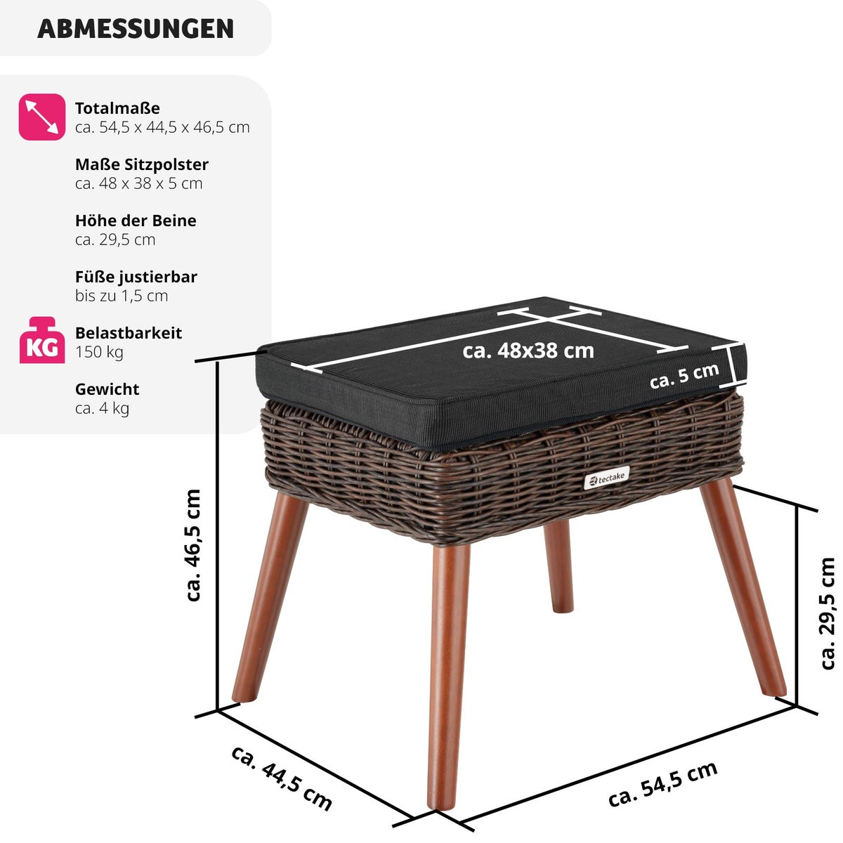 tectake Vibo rotan voetenbank, natuurlijk imitatieweefsel met aluminium frame, 54,5 x 44,5 x 46,5 cm