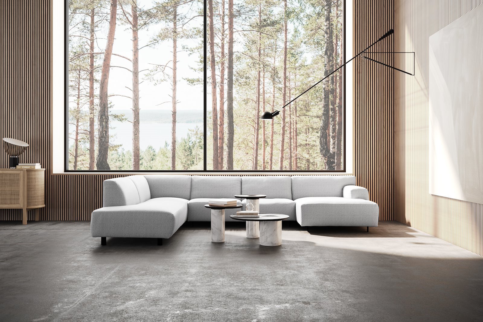 Vesta U-sofa Sjeselong høyre, 3-seter og åpen ende venstre. Big hjørnemodul, Tekstil Cortina Silver, sort metallben 10 cm, Comfort CM