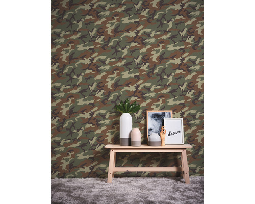 Vliesbehang 3694-06 Camouflage bruingroen