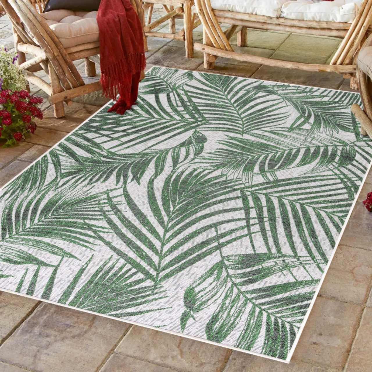In Outdoor Teppich Beige, Vintage Design, Flachgewebe, Wetterfest