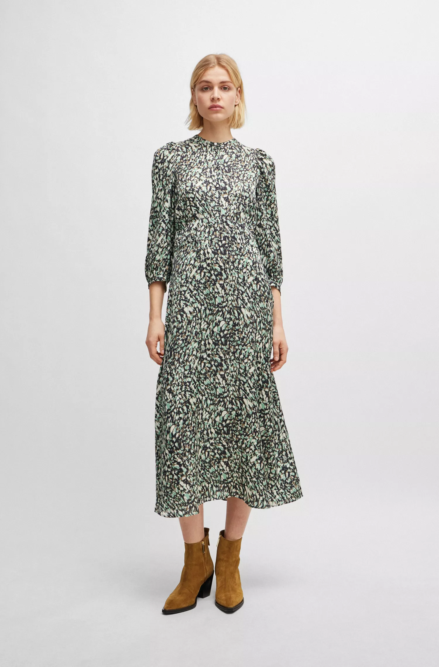 Vestido BOSS laranja de mangas compridas em lona estampada com carcela abotoada.