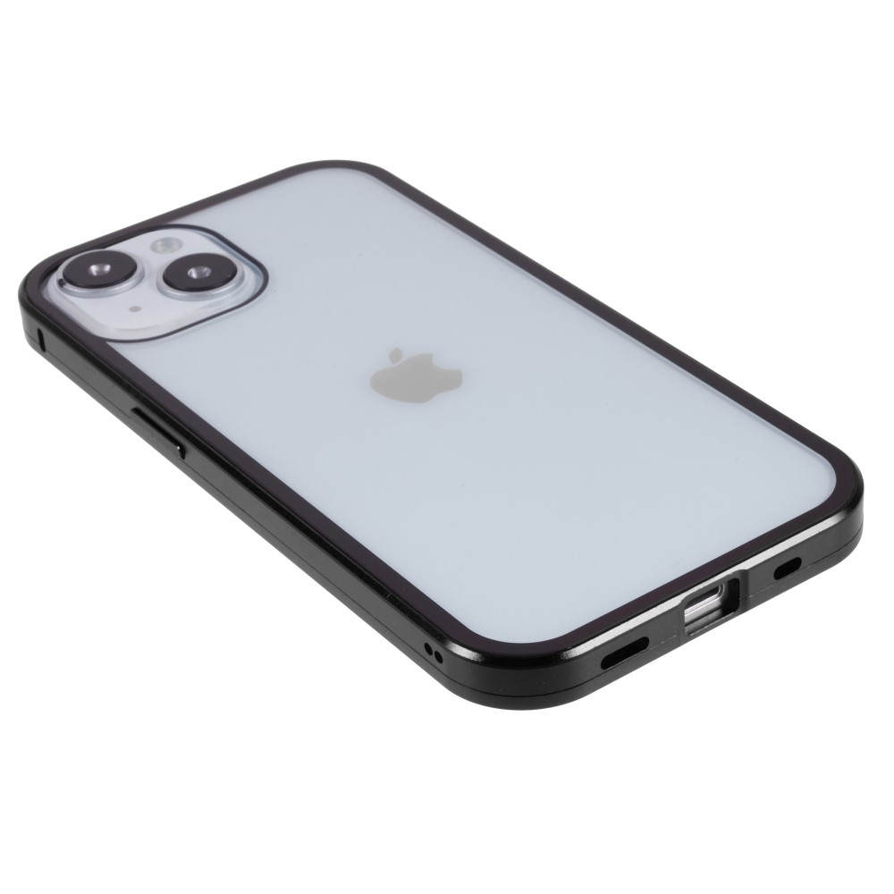 iPhone 14 Magnetische Alu Schutzhülle mit Panzer Glas Backcover   Privacy Glas Displayschutz (Magnet-Technologie) - Schwarz