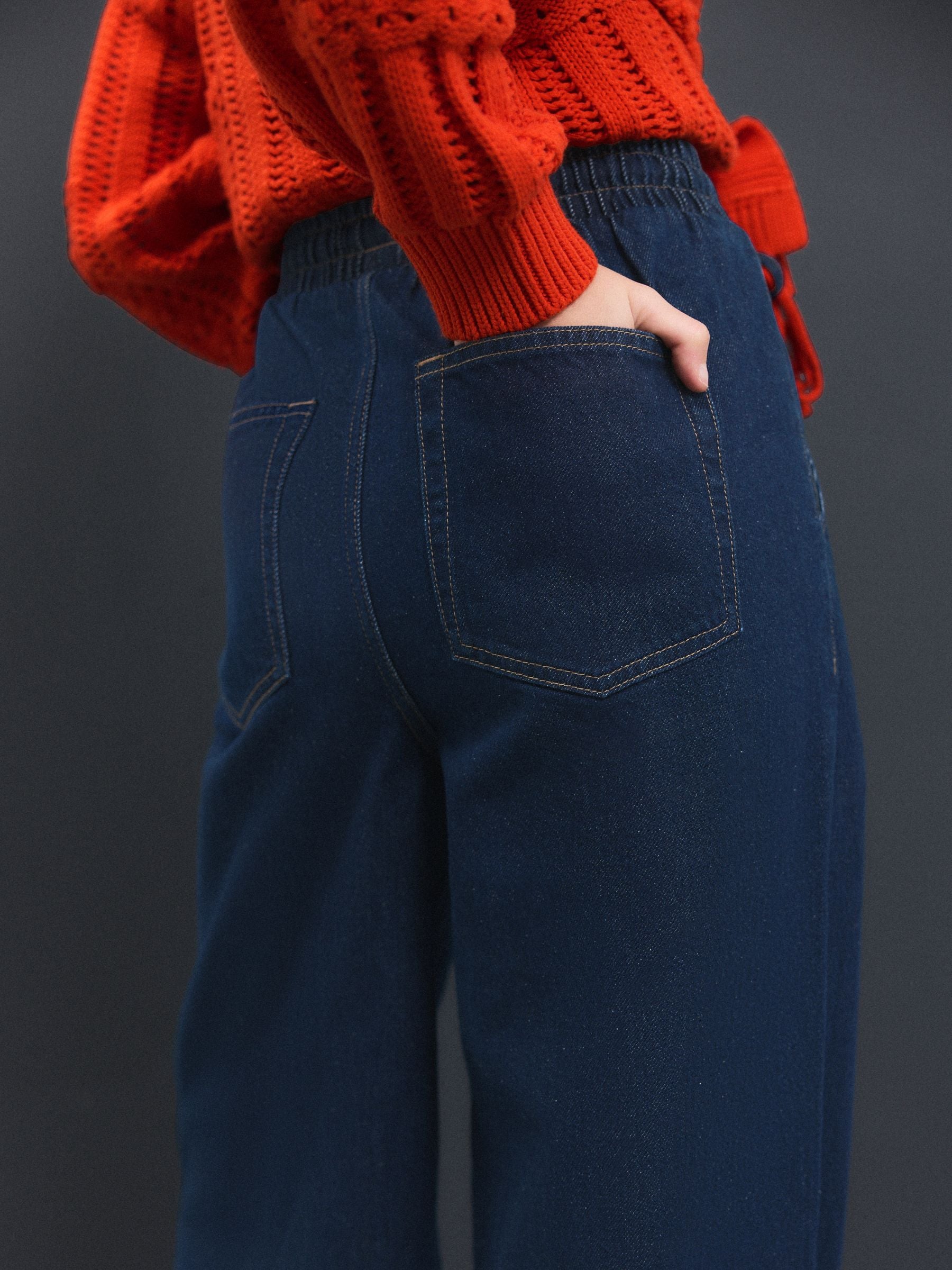Donkerblauw - Denim joggingbroek met plooitjes en wijde pijpen