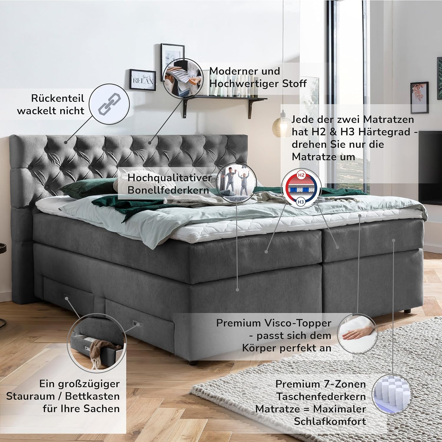 Belanoti ® Lara Boxspringbett 160x200 mit 4 Schubladen Stauraum Bett 160x200 mit Bettkasten in der Farbe Dunkelgrau H2/H3 Chesterfield Kopfteil 7-Zonen Taschenfederkern Matratze inkl. Visco Topper