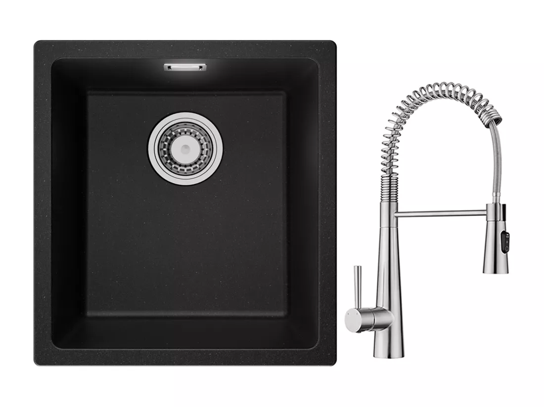 CECIPA MAX Evier 1 Bac en Quartz et Résine Noir Gris 40*44*20cm + Mitigeur de Cuisine à Ressort avec 3 Modes de Sortie D'eau, Brossé