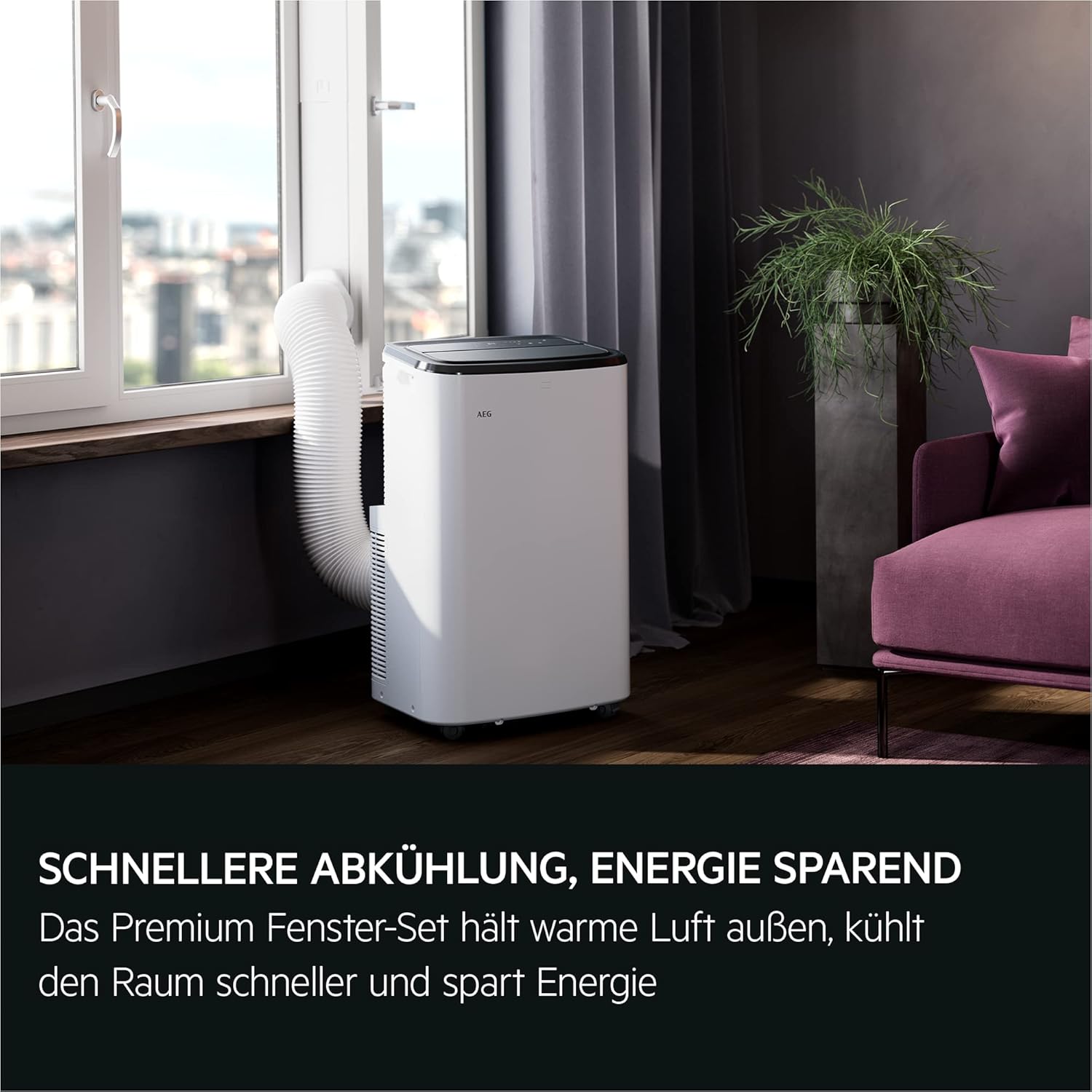 AEG Comfort 6000 AXP26U559HW mobiles Klimagerät/LED Display/Touch-Bedienung / 30-40 m² / 61 dB(A) / Kühlen/Heizen/Ventilator/Entfeuchtungsfunktion/Automatik/App-Steuerung/weiß/schwarz