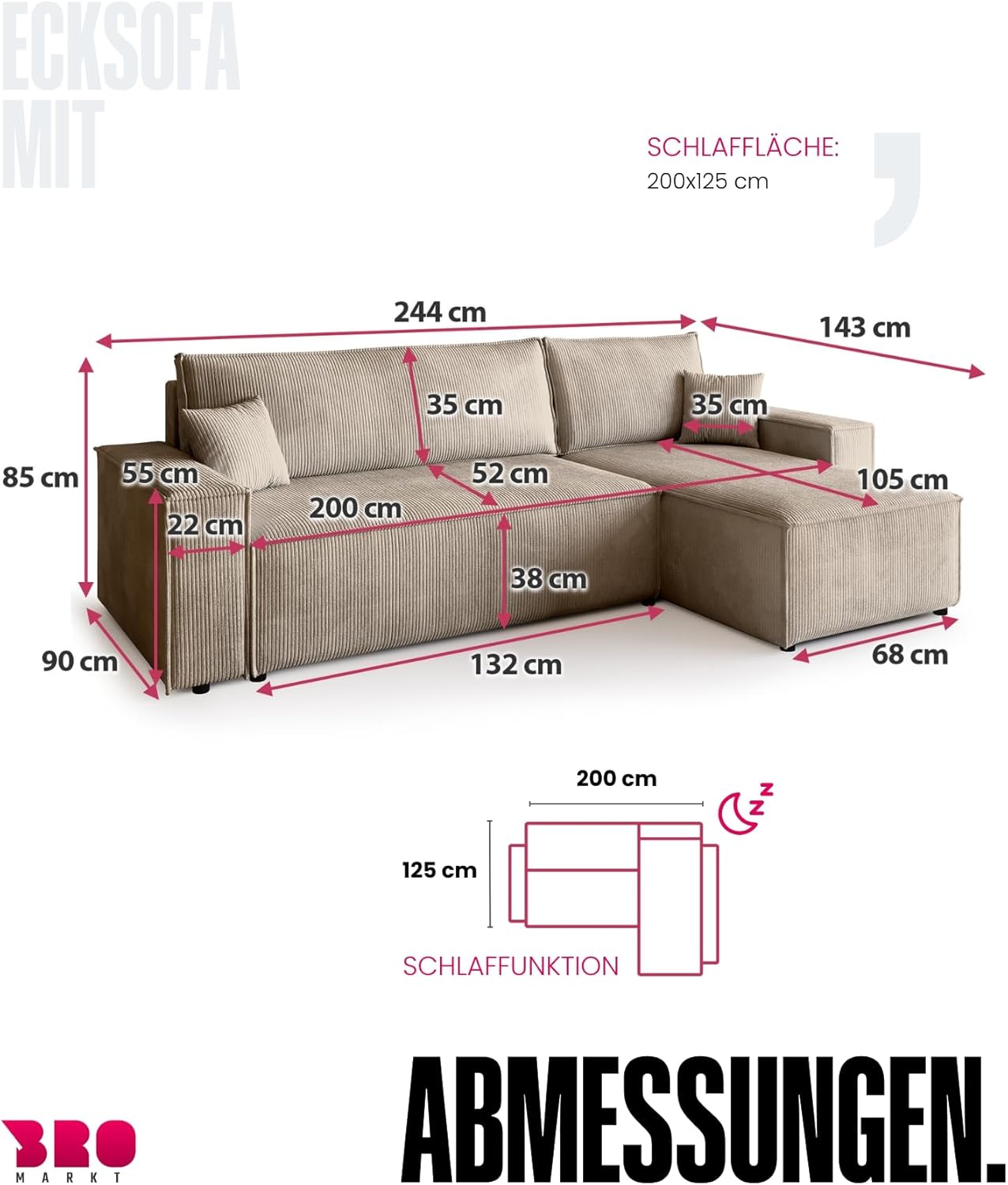 BROMARKT Sofa mit Schlaffunktion Couch L Cordstoff Sofa Bettkasten Schlafsofa für Wohnzimmer Ecksofa freistehend Adi Relaxsofa 3 sitzer 244x143x85 cm Beige