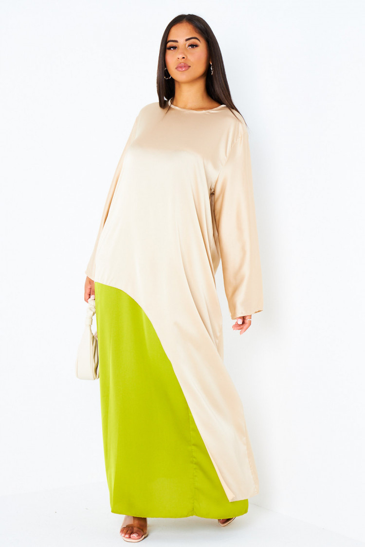 Ensemble 2 pièces blouse asymétrique beige + jupe verte