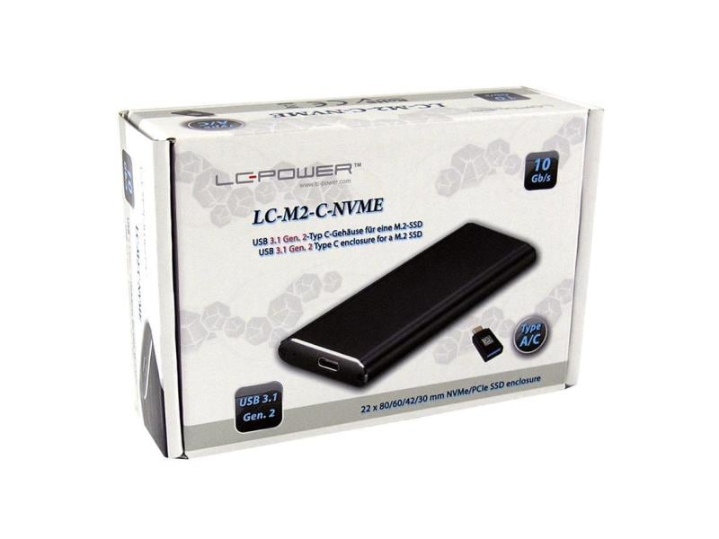 LC-Power Externes Gehäuse LC-M2-C-NVME M.2 Externes USB 3.1 Gen. 2-Typ C-Gehäuse für M.2-SSDs