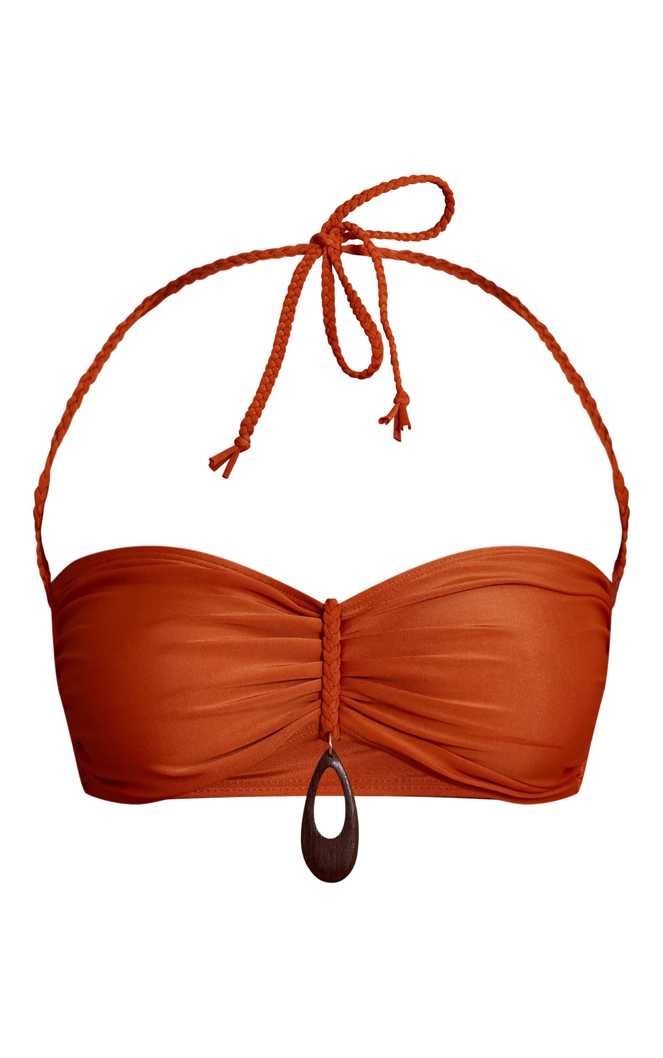 Rouille Haut De Bikini Froncé Avec Détail D'anneau En Bois Tressé