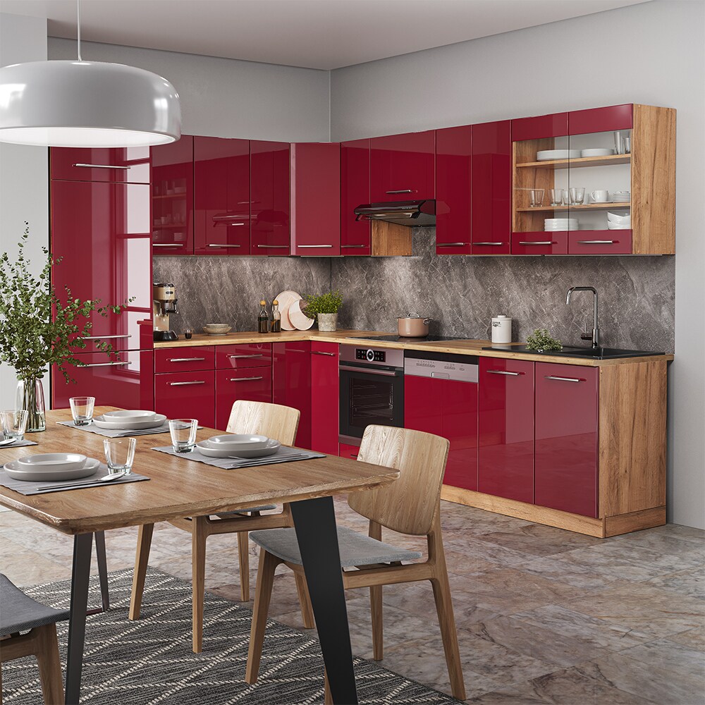 Vicco Eckküche Küchenzeile Einbauküche Fame-Line Eiche Bordeaux Rot 227x287 cm modern Spülenunterschrank Schubunterschrank Eckunterschrank Herdumbauschrank Hängeschrank Kühlumbauschrank Hängeglasschrank