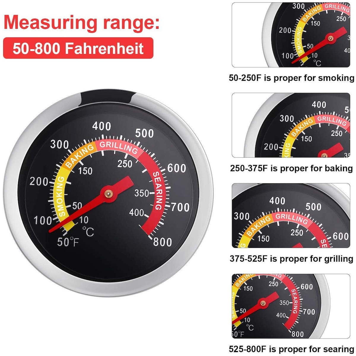 Analogt grilltermometer for grill & stekeovn i rustfritt stål