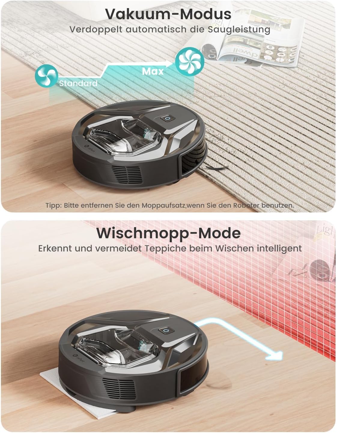 LEFANT M320 Saugroboter, Saugroboter mit Wischfunktion, Staubsauger Roboter mit 6000 Pa Saugkraft, Präzise Hindernisvermeidung, Teppicherkennung, Steuerung per App/Alexa, Sperrzonen-Einstellung