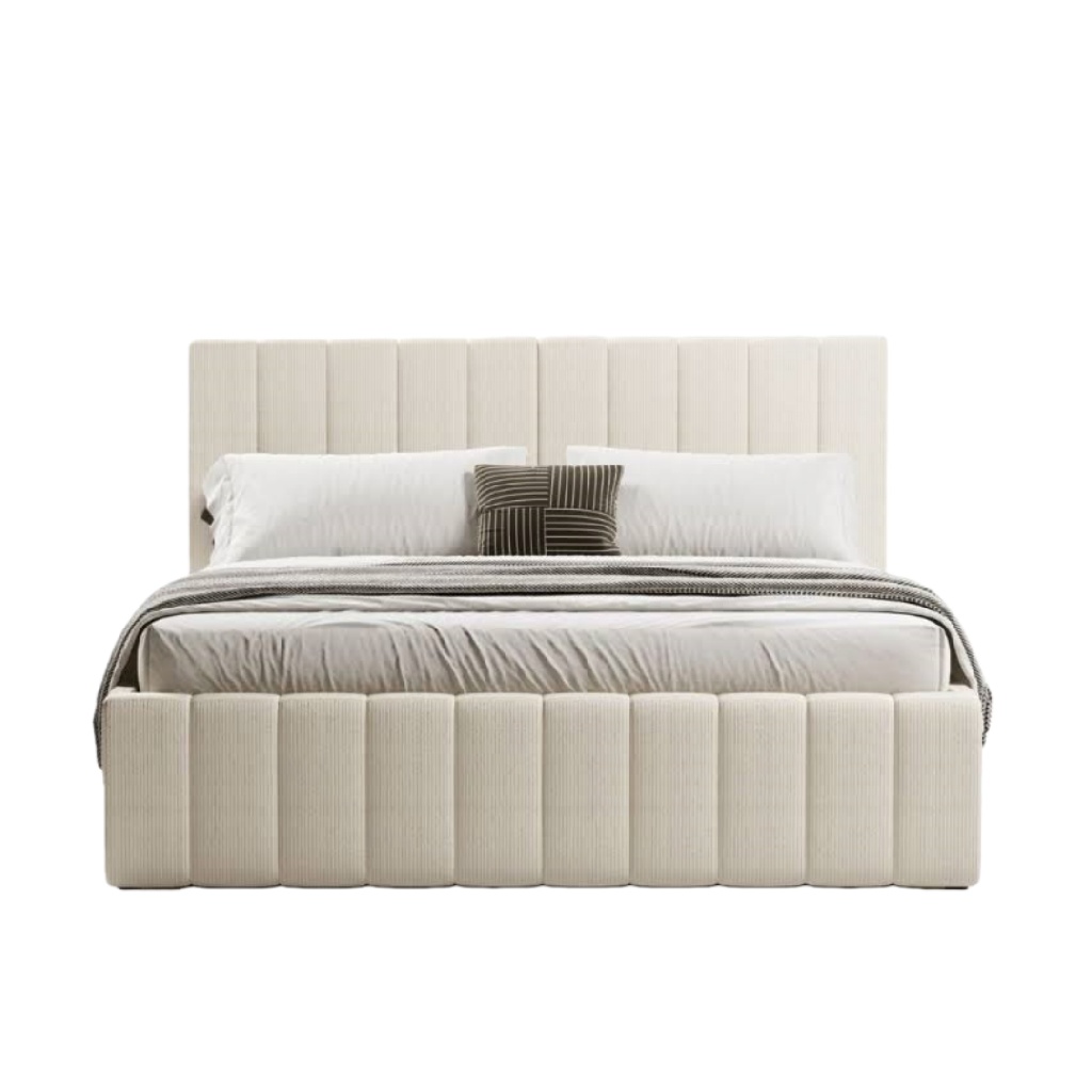 Lit capitonné en tissu beige clair — Design moderne à lignes verticales